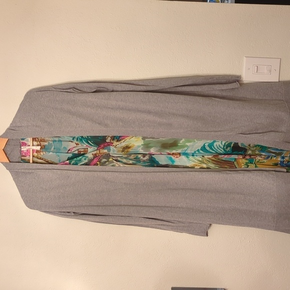 Blanc Noir long lineinimalist Grey Cardigan Topper back cotton silk panel Sz L - Picture 1 of 10